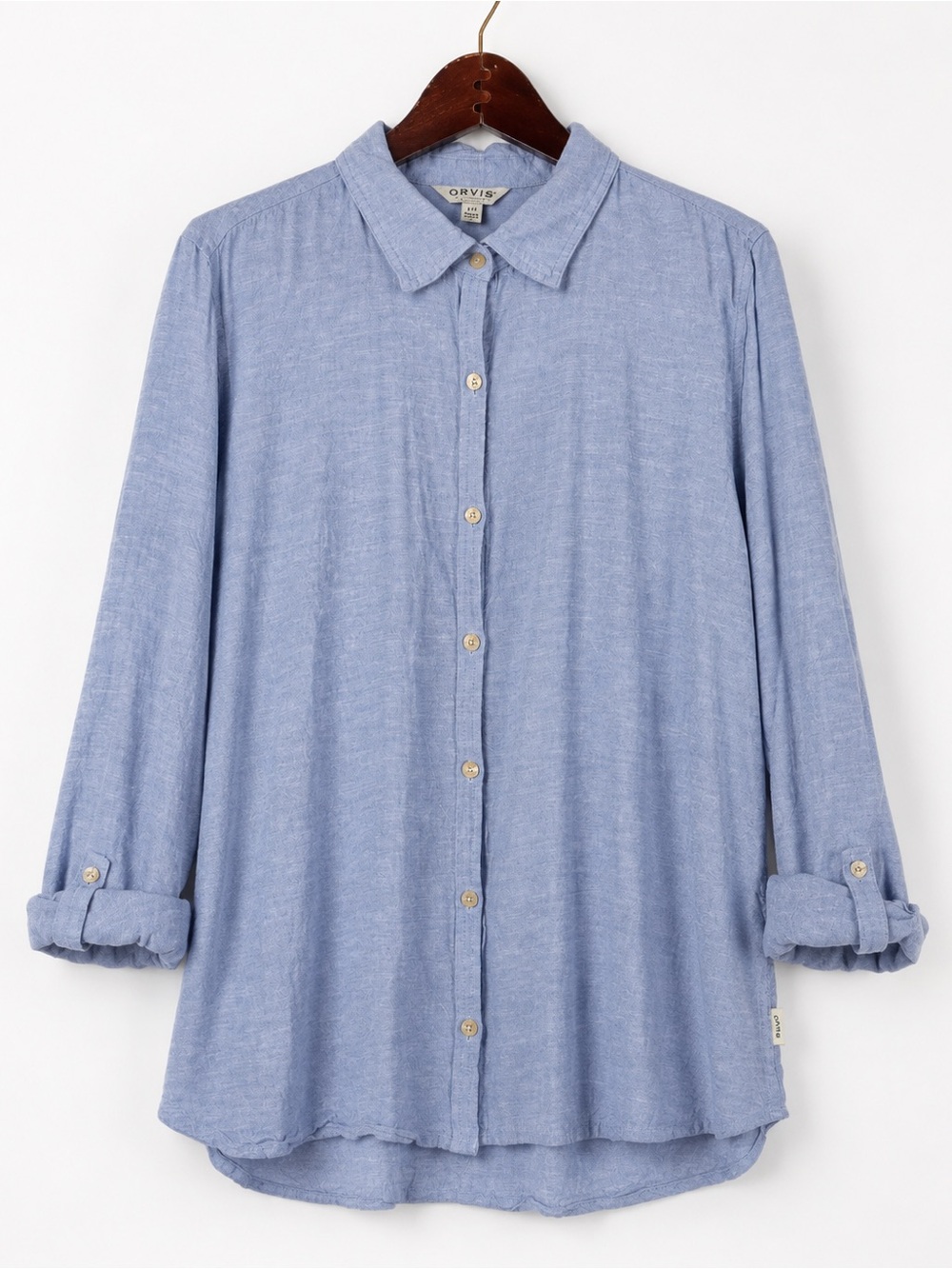 Orvis Blue Linen Blend Roll Tab Sleeve Button Down Shirt Large